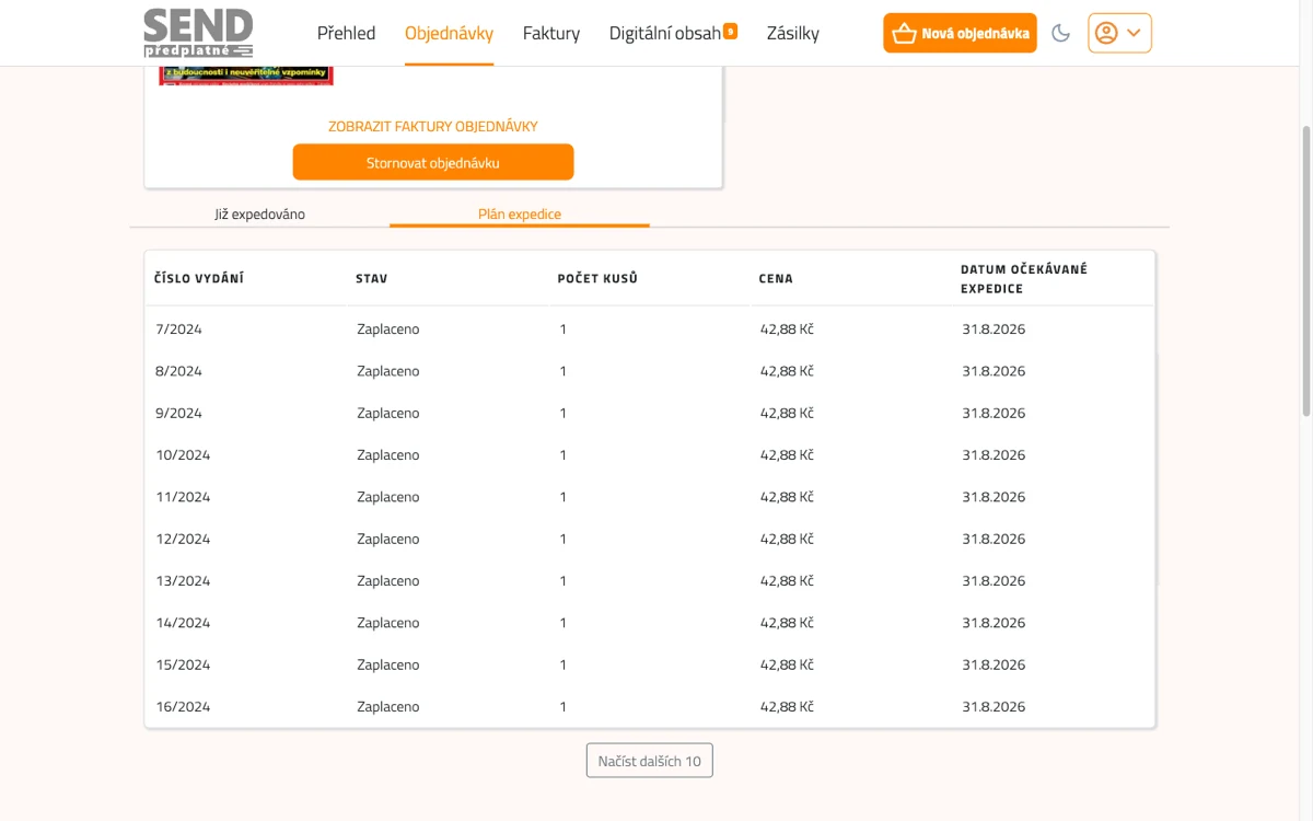 Spodní část detailu objednávky v muj.send.cz