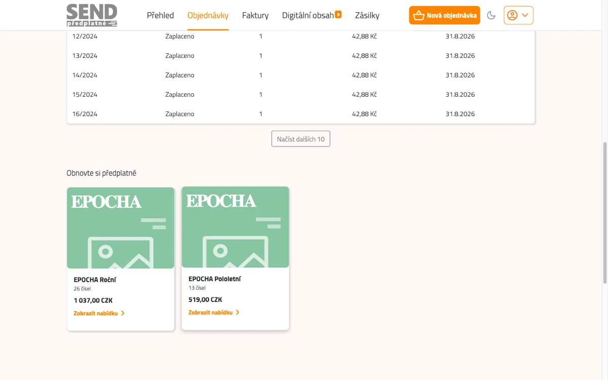 Nabídky obnovy ve spodní části detailu objednávky