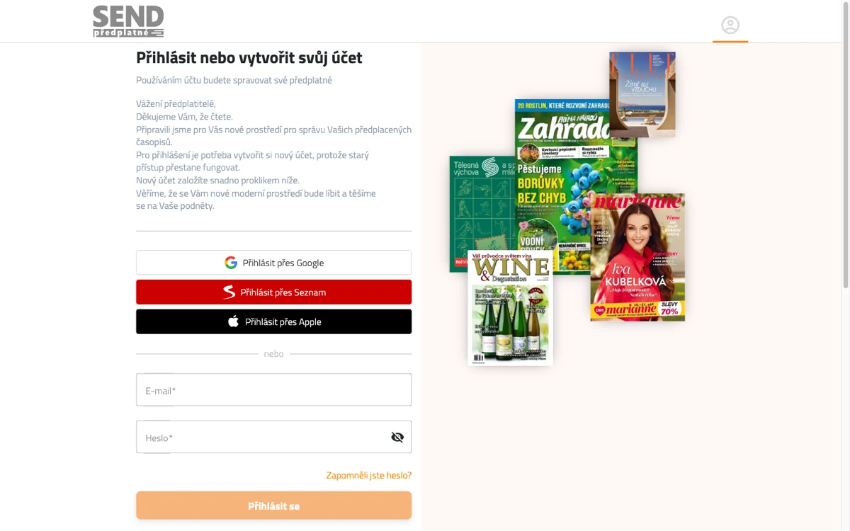 Přihlašovací obrazovka portálu muj.send.cz