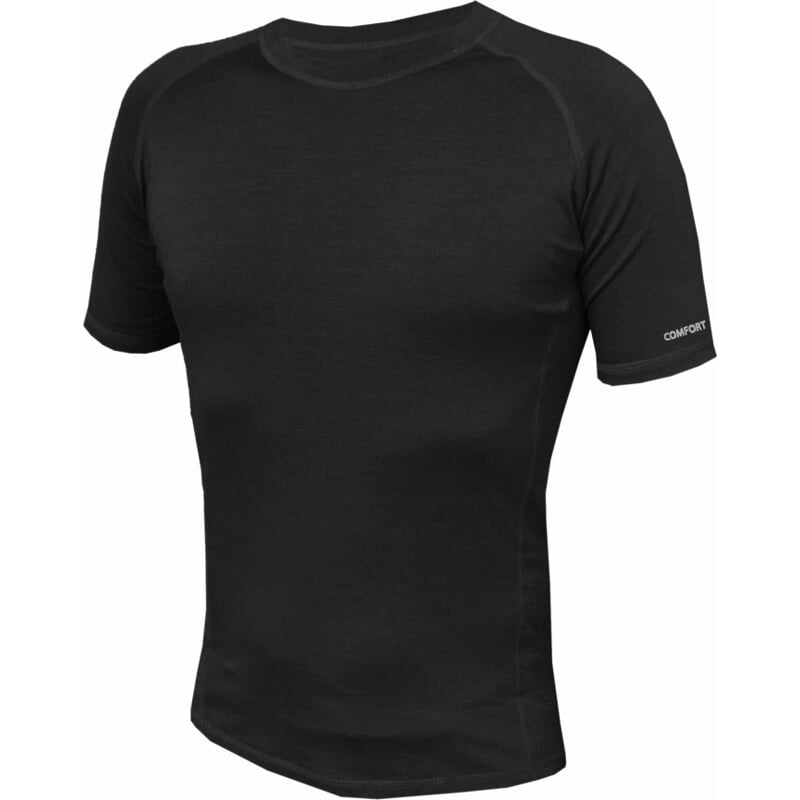 Funkční tričko s krátkými rukávy - z merino vlny. Barva černá, velikost M = kolem hrudi 96, délka 70, rukáv 34.   Raglánové rukávy, kulatý výstřih zpracovaný do lemu. Zadní díl je prodloužený pro dokonalou ochranu zad před chladem. Ploché švy pro komfortní nošení.   Kombinace hladkého úpletu a strukturovaného, se vzorem žebra, který je použit na pružné boční vsadky. Kombinace vlněné příze s jejími vynikajícími užitnými vlastnostmi a polyamidu, který zvyšuje tvarovou stabilitu a životnost úpletu. Složení materiálu: 95% vlna, 5% polyamid. Gramáž 165 g/m2.   Lze prát v pračce při 30°C prostředkem určeným pro vlnu, aviváž lze používat. Nebělit, nesušit v bubnové sušičce, žehlit při 150 °C, nečistit chemicky. Tričko je uprostřed přední části pod límcem potištěno logem časopisu NaCestu a výrobce JITEX COMFORT o velikosti cca 14 cm. Provedení unisex.