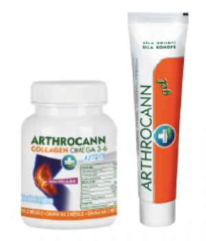  Balíček Arthrocann Arthrocann konopný gel s koloidním stříbrem urče-ný k masáži kůže a špičkový doplněk stravy Ar-throcann Collagen Omega 3-6 Forte určený pro při-rozenou péči o klouby, chrupavky, šlachy a kloubní vazivo. Důležitou součástí Arthrocann Collagenu jsou nenasycené mastné kyseliny omega 3-6 z lně-ných a konopných semen, balení obsahuje 60 tablet. Masáž konopným gelem Arthrocann je také vhod-ným doplňkem při rehabilitaci po operacích a zlo-meninách, balení obsahuje 75 ml.