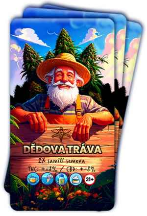  8 semen Dědovy trávy 
 Vyrovnaná odrůda vyšlechtěná v Česku 
Nový český projekt představuje samonakvétací feminizovanou odrůdu speciálně vyšlechtěnou pro zájemce o tradiční zpracování konopí na masti, tinktury, čaje či obklady. Pyšní se vyváženým poměrem dvou hlavních kanabinoidů (až 8 % THC a 8 % CBD) a vhodnými vlastnostmi pro místní klima. 
