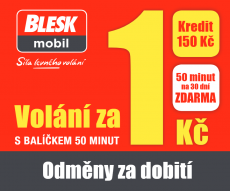 Dárek za předplatné - BLESKmobil SIM karta v hodnotě 150 Kč
BLESKmobil SIM karta v hodnotě 150 Kč s přednabitým kreditem 150 Kč. Platí pro nové předplatitele. Dárek v hodnotě 150 Kč zdarma.

Akce je omezena do vyprodání zásob. Platí do 18. 7. 26.

