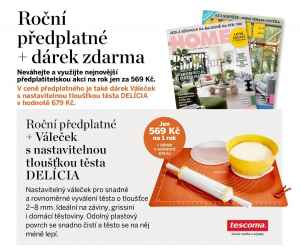 Dárek pro nové roční předplatitele -  Váleček s nastavitelnou tloušťkou těsta - Delícia.
Dárek v hodnotě 679,- Kč.  Akce platí do vyčerpání zásob. Bonus je zasílán na adresu plátce.