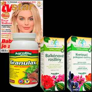 Předplaťte si TV star na rok 
a získejte balíček 3 přípravků od AgroBio OPAVA v hodnotě 304 Kč.


Balíček 3 přípravků od AgroBio OPAVA obsahuje produkty:
 - Balkónové rostliny koncentrát (KP) 100 ml 
 - GRANULAX proti slimákům 250 g
 - Kvetoucí pokojové rostliny koncentrát (KP) 100 ml


Balkónové rostliny koncentrát (KP) 100 ml 
Odolnost balkónových rostlin. Aplikace před výskytem chorob. Přírodní produkt z bylin.
Bylinný výluh vyrobený převážně z tymiánu a zlatobýlu.


AgroBio OPAVA - GRANULAX proti slimákům 250 g 
Granulovaný přípravek proti slimákům. Zbavte se slimáků rychle a efektivně. Opravdová špička v hubení slimáků. 
Účinná látka: metaldehyd 30 g/kg.


Kvetoucí pokojové rostliny koncentrát (KP) 100 ml 
Odolnost kvetoucích pokojových rostlin. Aplikace před výskytem chorob nebo škůdců. Přírodní produkt z bylin.
Bylinný výluh vyrobený převážně z bedrníku a břízy.
 

Více informací o přípravcích najdete na agrobio.cz.



Neváhejte a objednávejte ihned, nabídka platí jen do vyčerpání zásob dárků.

Dárky vám rezervujeme dva týdny od objednání předplatného (do té doby je třeba předplatné uhradit).

Dárky zasíláme do 30 dnů od zaplacení na adresu plátce jako balík na poštu. 
Nabídka platí pouze pro předplatné doručované do České republiky.

Předplatné je na 12 měsíců.
Elektronická verze časopisu je k tištěné verzi zcela ZDARMA.

Registrujte se na www.Mojepredplatne.cz a čtěte svůj oblíbený titul až na 4 zařízeních v E-KNIHOVNĚ.