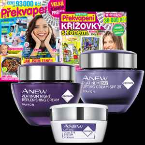Předplaťte si Překvapení včetně 10 speciálů na rok 
a získáte sadu péče ANEW PLATINUM od Avonu v hodnotě 1057 Kč.


Pleťová péče Anew Platinum s Protinolem™ 

První omlazující účinky již po 2 dnech? Ano, je to možné!
Řada Anew Platinum poskytuje liftingový účinek, zpevňuje povislou pleť a omezuje viditelnost vrásek.

Sada obsahuje:
 - Denní liftingový krém Anew Platinum SPF 25 s ProtinolemTM 50
 - Oční vyplňující krém Anew Platinum s ProtinolemTM 
 - Duální liftingová péče pro oční okolí s ProtinolemTM - 2x10 ml
 

Více na Avon.cz.



Neváhejte a objednávejte ihned. 
Nabídka platí jen do vyčerpání zásob dárků. 
Dárky vám rezervujeme dva týdny od objednání předplatného (do té doby je třeba předplatné uhradit). 
Dárky zasíláme do 30 dnů od zaplacení na adresu plátce - jako balík na poštu.
Nabídka platí pouze pro předplatné doručované do České republiky.


Předplatné je na 12 měsíců, součástí předplatného je i 10 speciálů.
